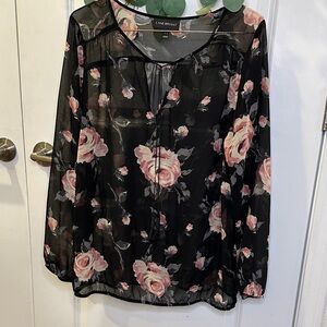 Lane Bryant Sheer Black Blouse with Pink Floral Design